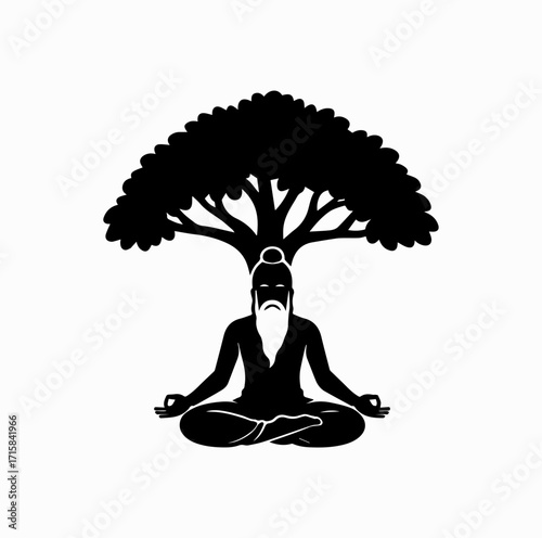Meditating Sage Silhouette – Maharishi Valmiki under Tree in Lotus Pose
