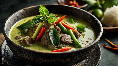 Close up of beef green curry in traditional Thai bowl
