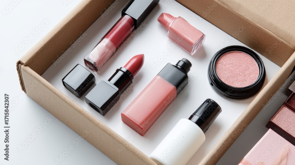 Obraz premium Cosmetic makeup kit with lipsticks and powders arranged inside cardboard box