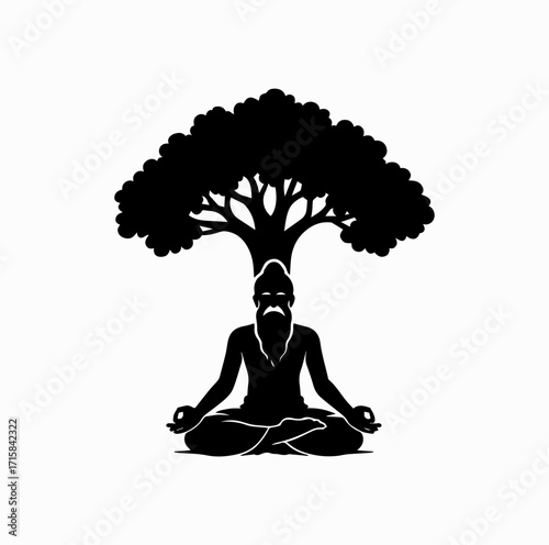 Meditating Sage Silhouette – Maharishi Valmiki under Tree in Lotus Pose