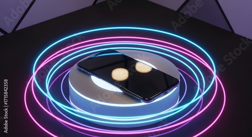 A modern smartphone rests on a rotating platform, illuminated by neon lights.