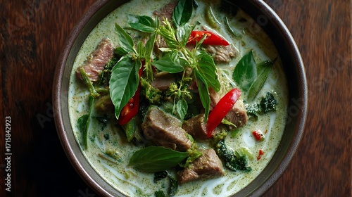 Spicy beef green curry with fresh basil and coconut milk swirls