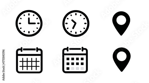 Illustration showing two clocks, two calendars and two location pin icons in black and white color scheme