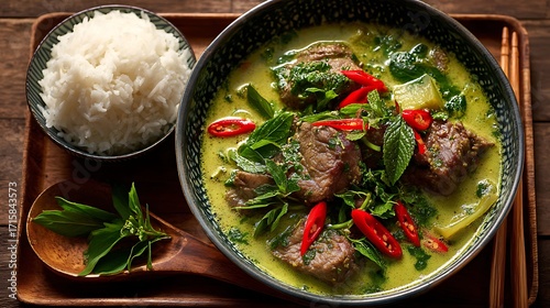 Bowl of beef green curry with chili peppers and fresh herbs