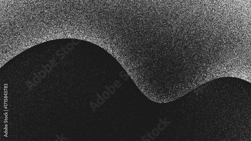 Abstract black and white stippling design with flowing curve. Noise stipple texture with smooth and organic wave flow. Pointillism. Simple and elegant design. Noisy grainy shading using dots. Vector
