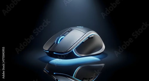 A sleek, modern wireless computer mouse with glowing blue LED lights sits on a dark reflective surface under a focused spotlight.