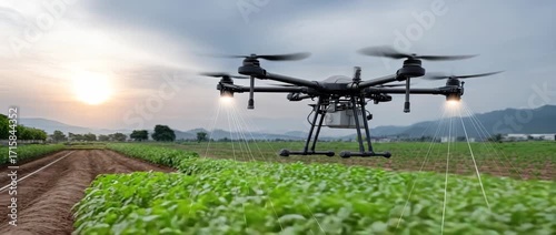 Drone applies liquid to crops in a wide farming field at sunset, highlighting advancements in agriculture and efficiency