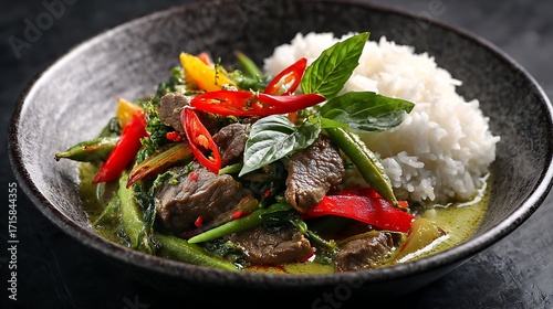 Beef green curry with vegetables chili and basil leaves