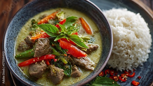 Beef green curry with vegetables chili and basil leaves