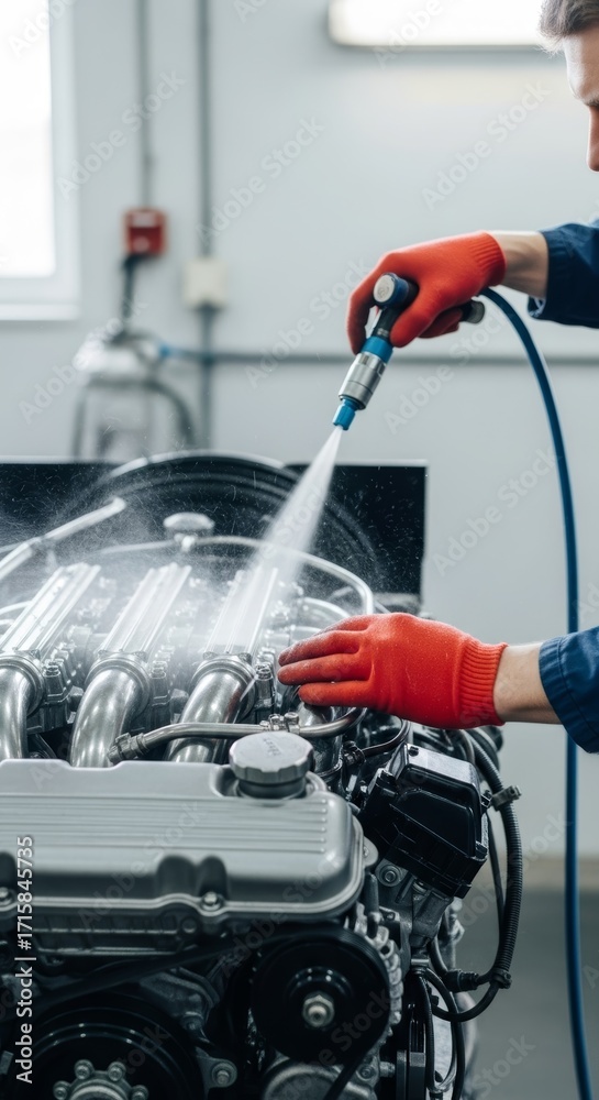 Fototapeta premium Automotive Technician Cleans Engine with Spray Tool