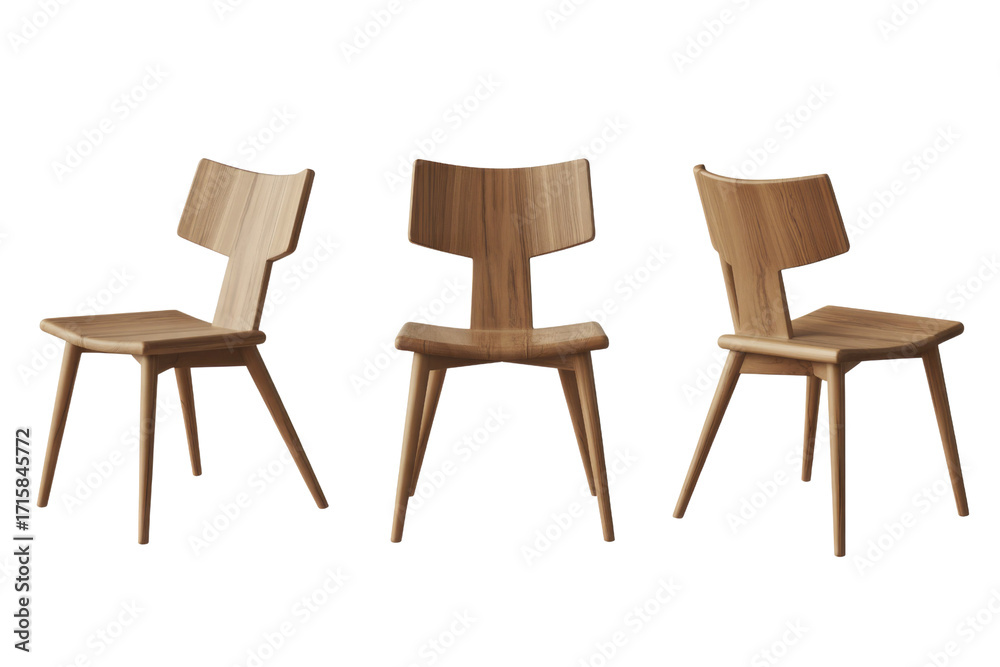 Obraz premium Three wooden chairs are shown from different angles, showcasing their simple, elegant design. background removed