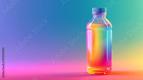 Plastic bottle with colorful liquid inside on gradient background