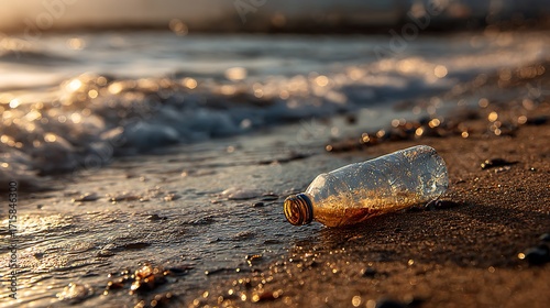 Plastic bottle on sandy beach with morning sunlight