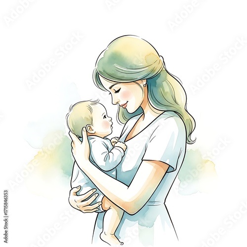 A tender illustration portrays a mother and child, sharing a loving moment, their gentle gazes reflecting affection.