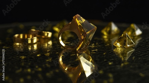 Golden rings and gemstones displayed on reflective black background surface