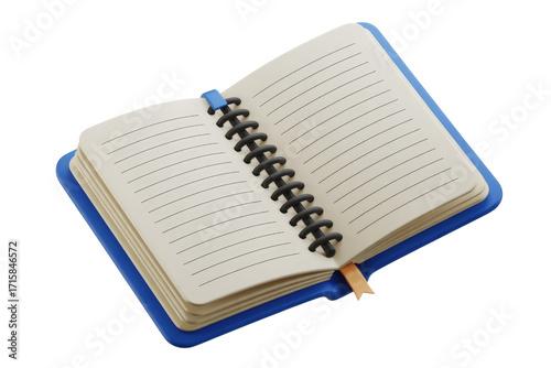 A 3D rendered image of an open spiral-bound notebook with blank pages and a blue cover. background removed