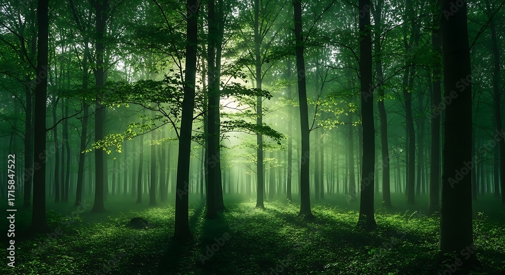 Obraz premium Sunlight streams through the trees in a lush green forest