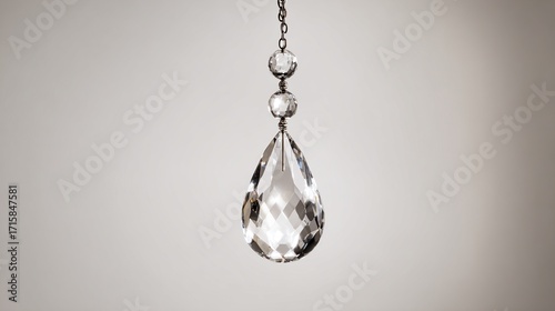 Clear teardrop-shaped crystal pendant hanging from a chain with small crystal beads
