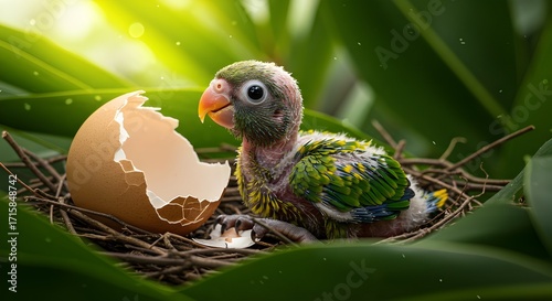 Adorable Baby Parrot Chick Hatching from Egg in Lush Natural Nest