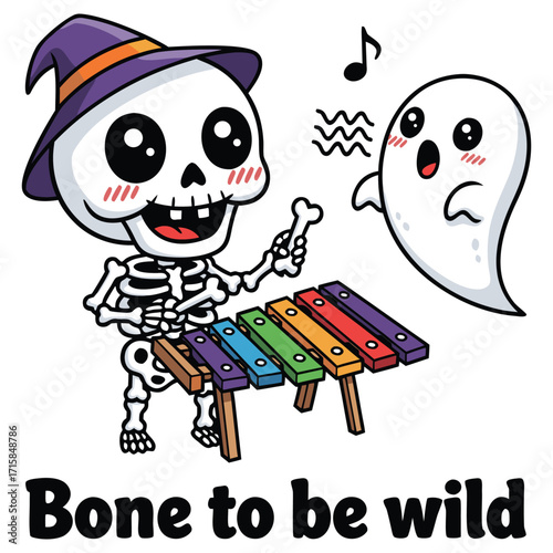 Cartoon skeleton playing xylophone with ghost Halloween illustration