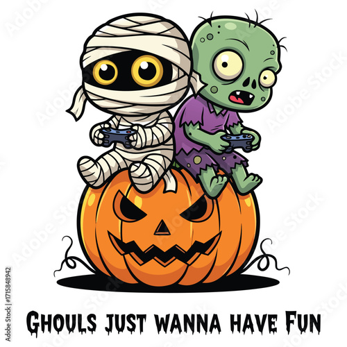 Cartoon mummy and zombie gaming on pumpkin Halloween illustration
