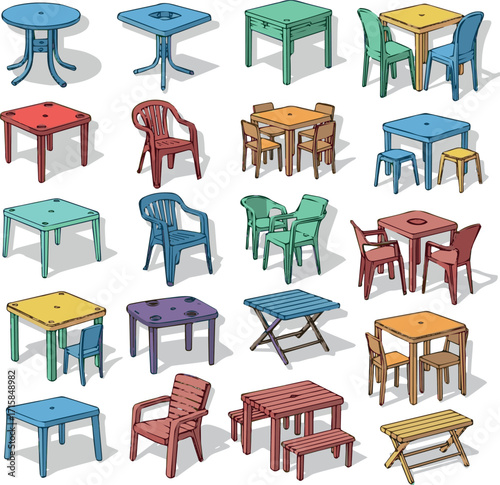 Plastic furniture set. Colorful tables and chairs, plastic portable seats. Asian cafe, coffee table, street food, local food concept. Hand drawn modern Vector illustration. Isolated design elements on