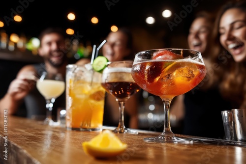 Friends enjoying cocktails together at a bar