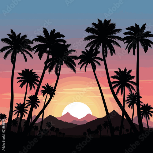 Silhouettes of palm trees and pink sun vector. set of palm trees and sunrise vector silhouette. tropical landscape and mountains black, very peri vector illustration.