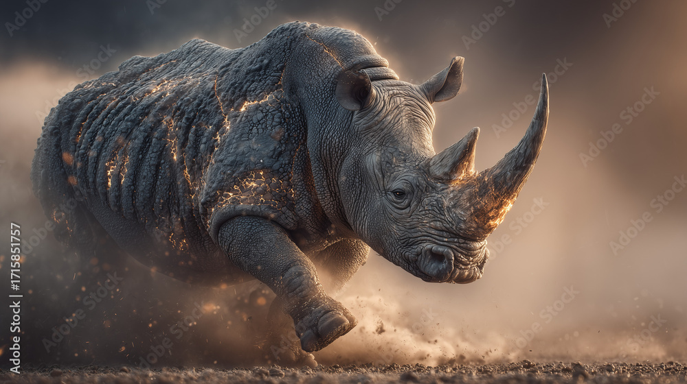 Fototapeta premium A battle hardened rhinoceros charging across a scorched basalt plain, hide like cracked armor with molten orange veins, horn blazing with concentrated flame.