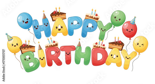 Colorful Happy Birthday design with balloons, cake, and joyful characters perfect for celebrations