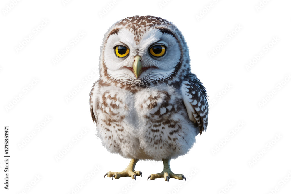 Fototapeta premium A cute, fluffy, cartoonish illustration of a small owl with bright yellow eyes. background removed