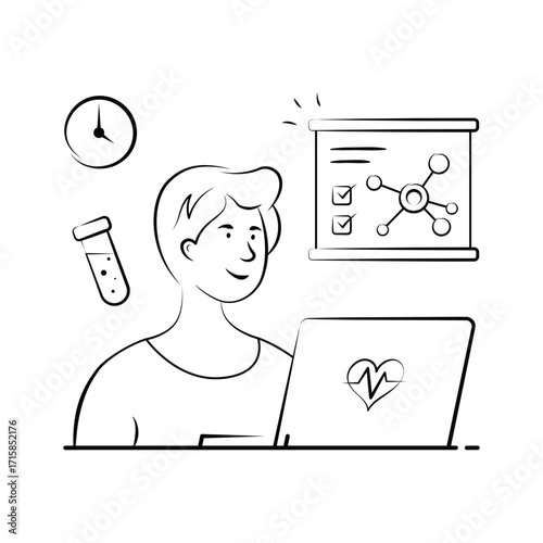 Science teacher explaining chemistry lesson on laptop screen, ready to use illustration