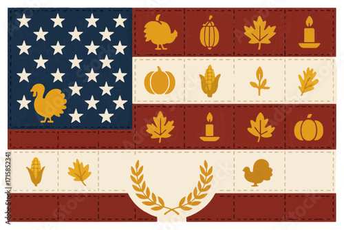 Americana Quilt U.S. Flag with Patchwork Thanksgiving Icons — Turkey, Pumpkin, Corn, Maple Leaf and Candle (Flat CMYK Vector, No Text)