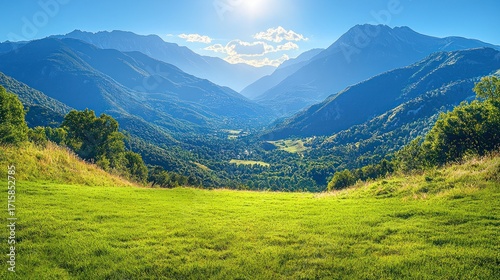 Mountain valley landscape, sunny day, lush green grass, scenic view, nature background, travel inspiration