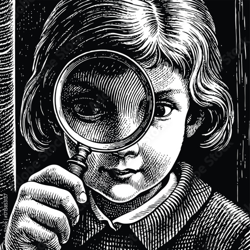 Black and white sketch of a person's face with a magnifying glass held to their eye