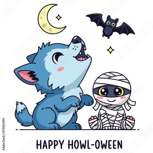 Happy Howl-oween cute wolf and mummy vector illustration