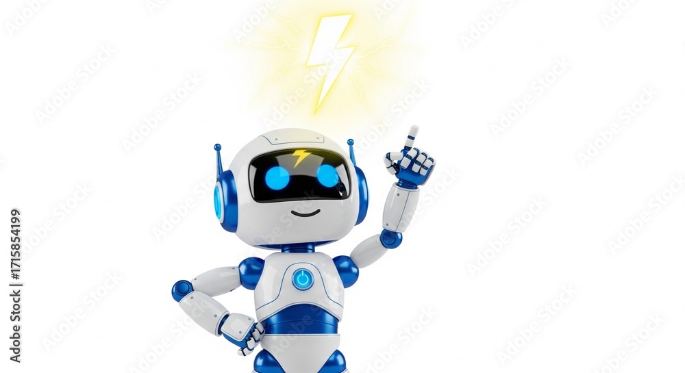 Fototapeta premium Cute Robot with a Lightning Bolt Idea