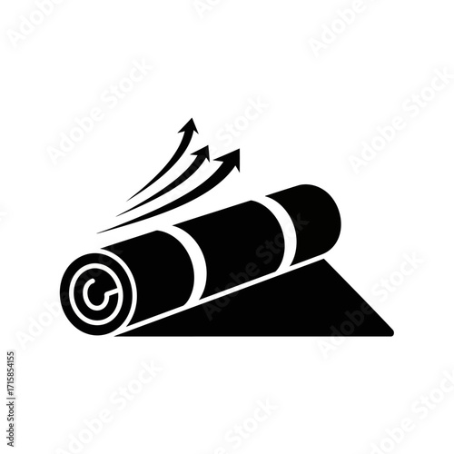 Black minimalist icon showing a rolled textile with three upward arrows, symbolizing breathability and ventilation.