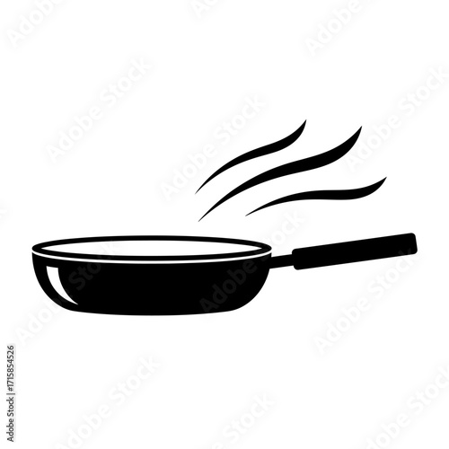 Black silhouette icon of a hot frying pan with steam rising, kitchen cooking utensil symbol