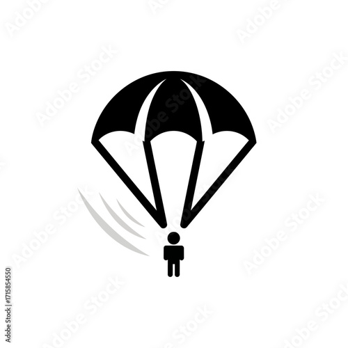 Black silhouette icon of a parachutist in descent with grey motion lines