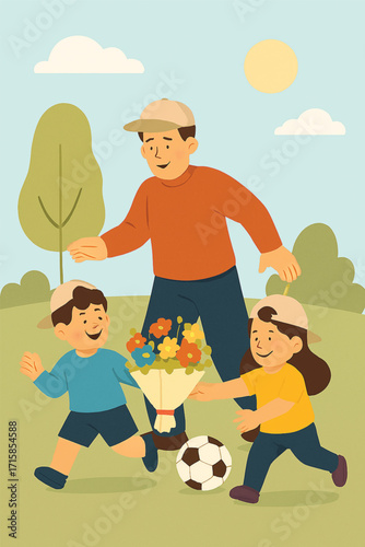 children are palying with father in the park 