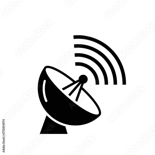 Black silhouette satellite dish icon emitting wireless signal waves, representing communication technology.