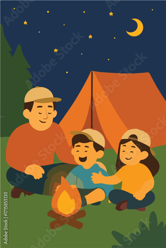 Night Camping Scene with family Around a Campfire
