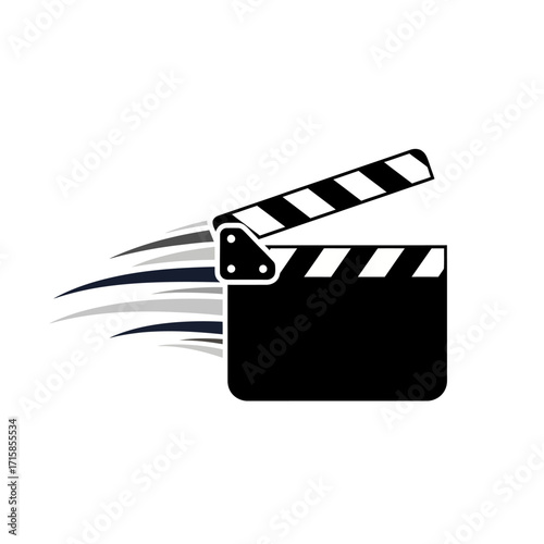 Dynamic black and white film clapperboard icon with speed lines, open clapper stick, three dots