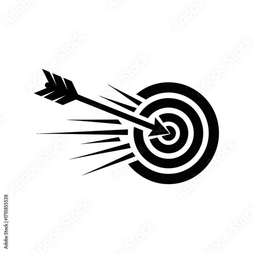 Dynamic black arrow striking concentric target bullseye with speed lines