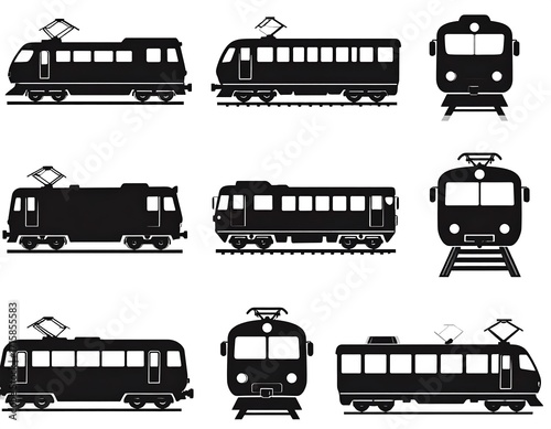 Silhouette illustrations of various train types, side and front views, presented on a plain white background.