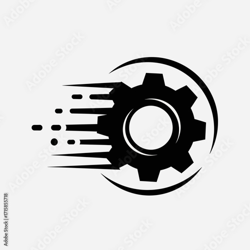 Dynamic Black Gear Icon with Speed Lines and Circular Element