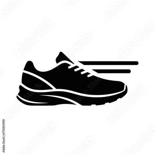 Dynamic black silhouette running shoe icon with speed lines, athletic footwear symbol