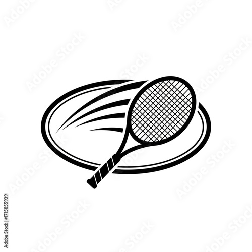 Dynamic black tennis racket logo with an elliptical swoosh and motion lines.
