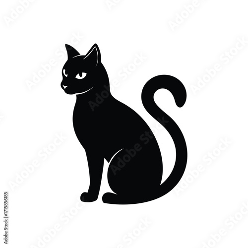 black and white cartoon cat sitting on white background
